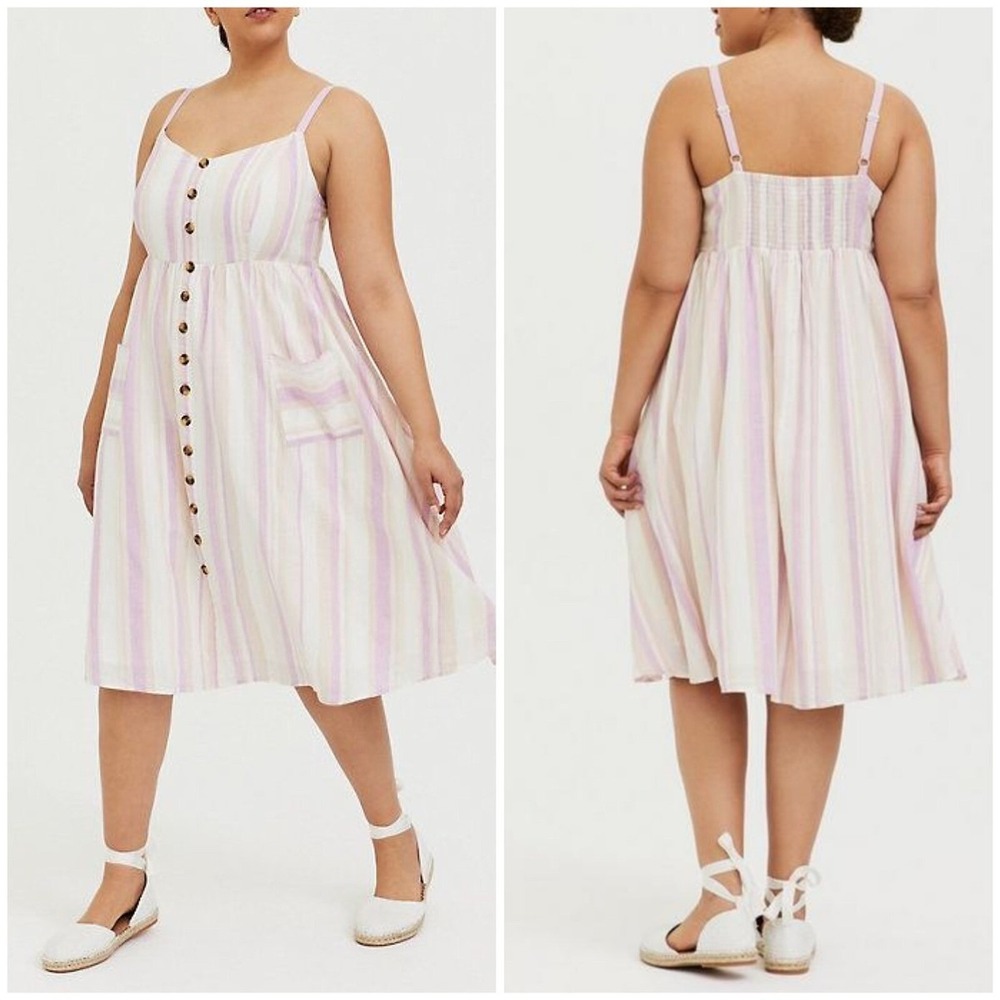 Torrid Womens 5 Purple Tan Striped Linen Button Front Midi Sundress Pockets‎